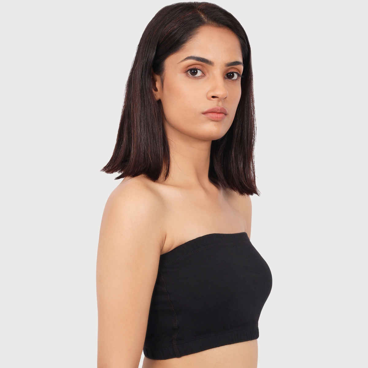 D'chica Double-Layer Cotton Strapless Bra | Non Padded Bandeau | Solid Black - L