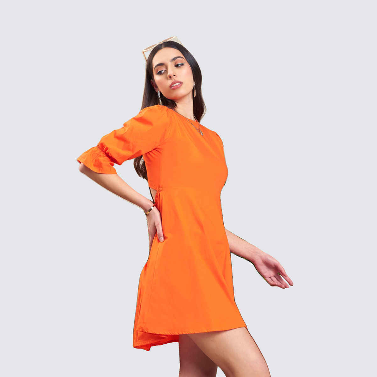 SASSAFRAS Women's Poplin Back Waist Cut-Out Short Dress | Orange - S