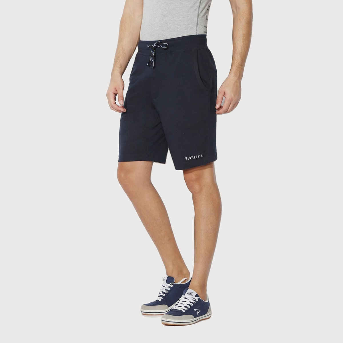 Van Heusen Athleisure Men Cotton Navy Solid Smart Tech Easy Stain Release Knit Shorts |L