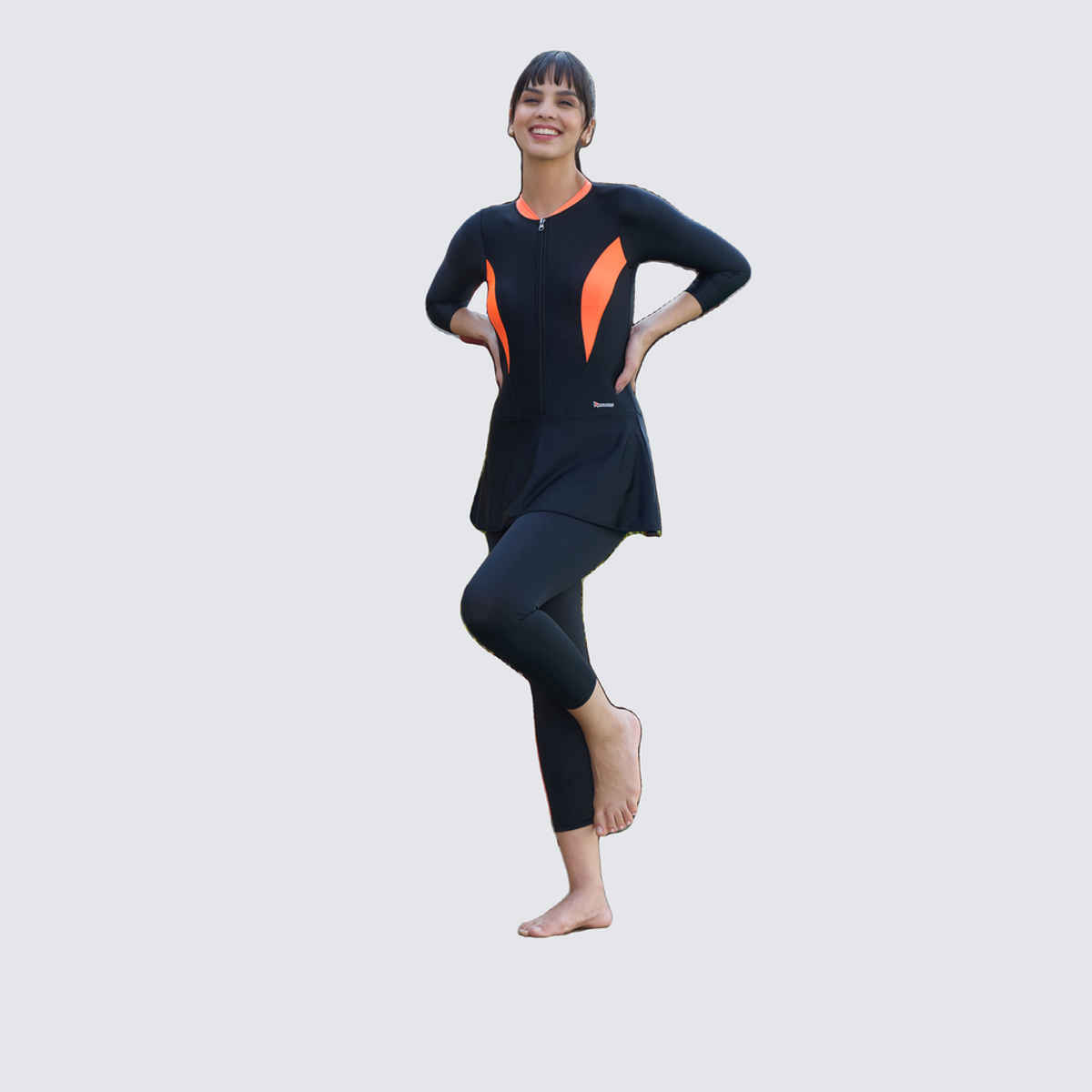 ROVARS Women's Swimming Costume with Removable Chest Pads| Front Zipper | Black & Orange - XL