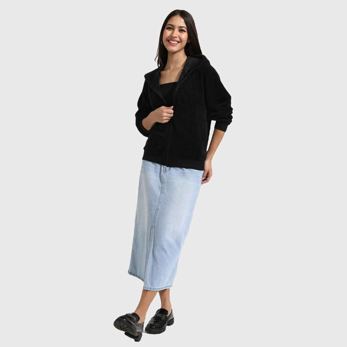 Campus Sutra Women's Fleece Hoodie with Zip-Closure | Black - L