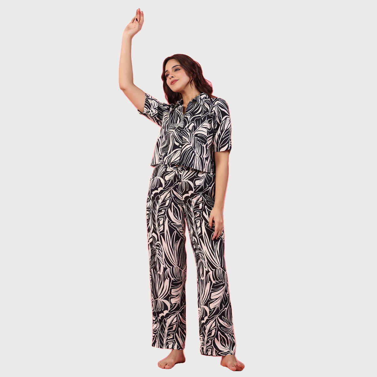 Sanskrutihomes Floral Printed Night Suit | Black - White | XL