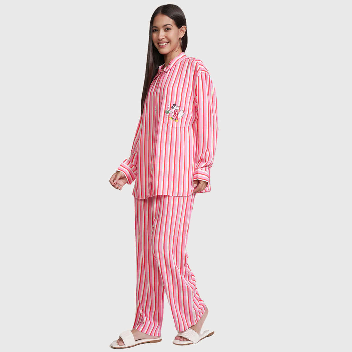 Tokyo Talkies Disney Women's Mickey Stripe Sleepwear Co-Ord Set | Pink - XL