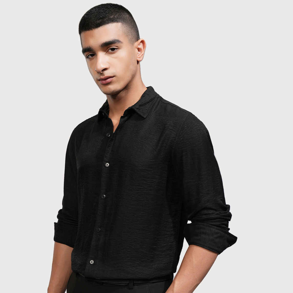 HIGHLANDER Men's Jacquard Textured Evening Party Shirt | Black - S