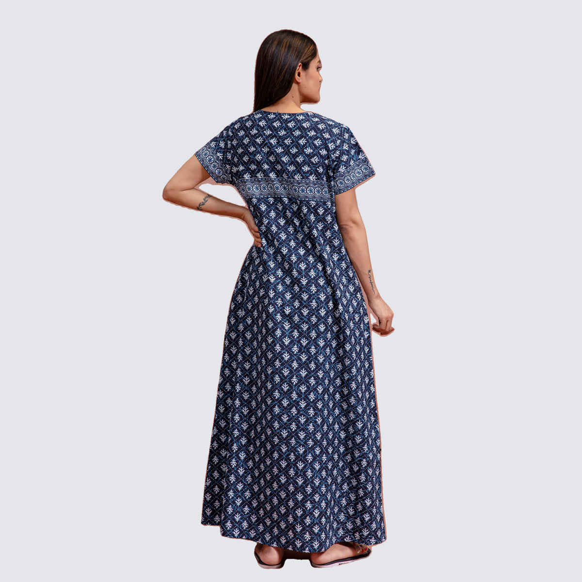 NIHSAMAH Women's Essential Slip-On Nighty | Full Length | Navy Blue - XL