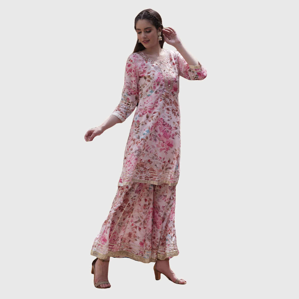 Bandia Women's Floral Printed Gota Patti Work Kurta Sharara Set with Dupatta | BANKS0128 | Pink | S
