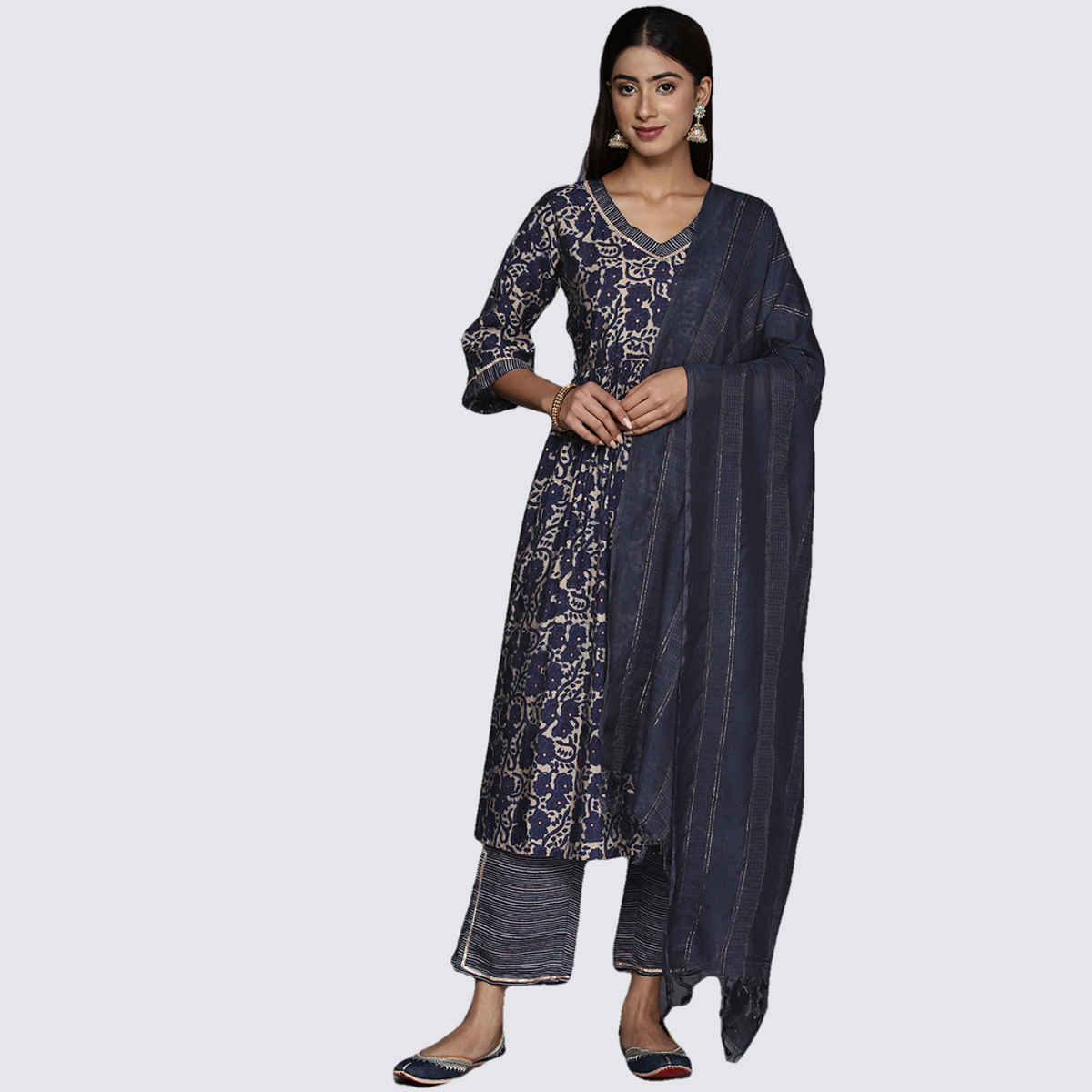 Libas Women's Printed Silk Blend A-Line Kurta With Trousers & Dupatta | Blue - S