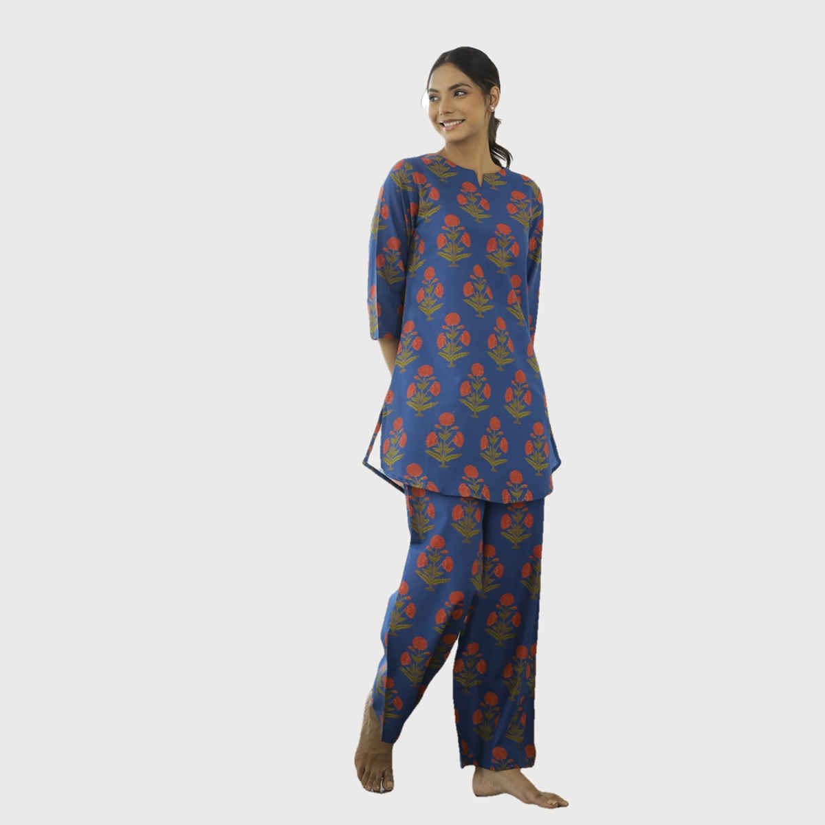 Sanskrutihomes Floral Printed Pure Cotton Night Suit | Blue - XL