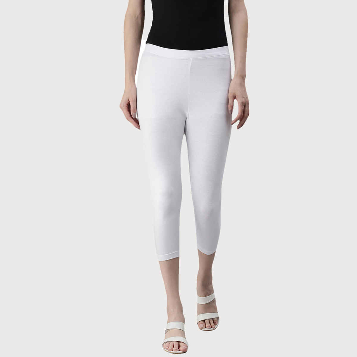 Kryptic Women's Mid-Rise Three-Fourth Length Stretchable Cotton Leggings | White - XL