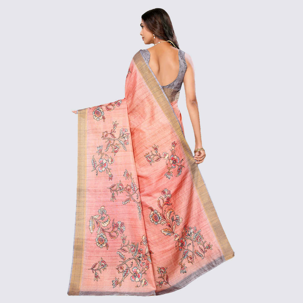 Janasya Women's Chanderi Silk Floral Printed Saree with Blouse Piece | SAR509 | Peach