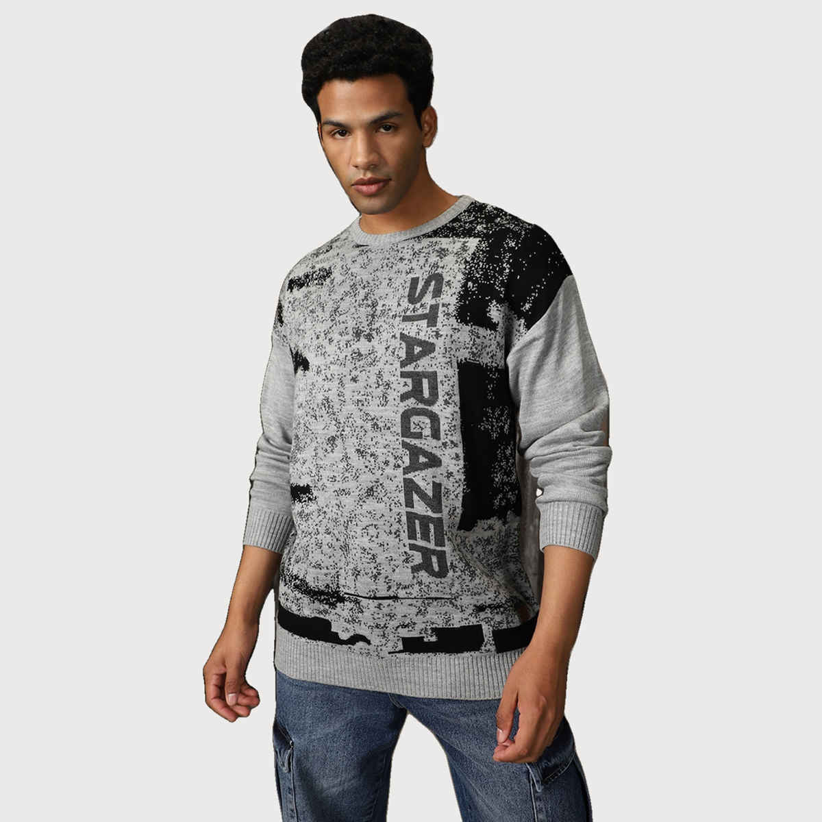 High Star Men's Abstract Pattern Relaxed Fit Pullover | Grey - M