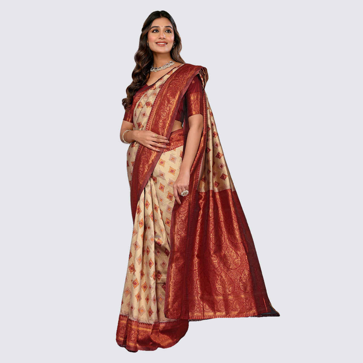 Janasya Women's Silk Blend Ethnic Motifs Kanjivaram Saree with Blouse Piece | SAR359 | Beige