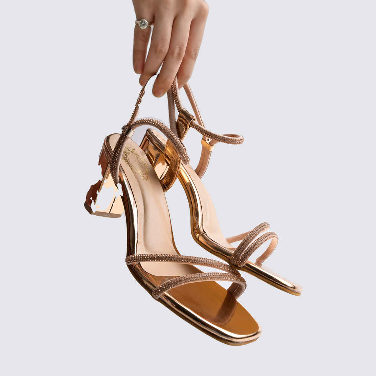 Shoetopia Women's Embellished Rhinestones Strap Heels | Heel-1246 | Rose-Gold - UK 4