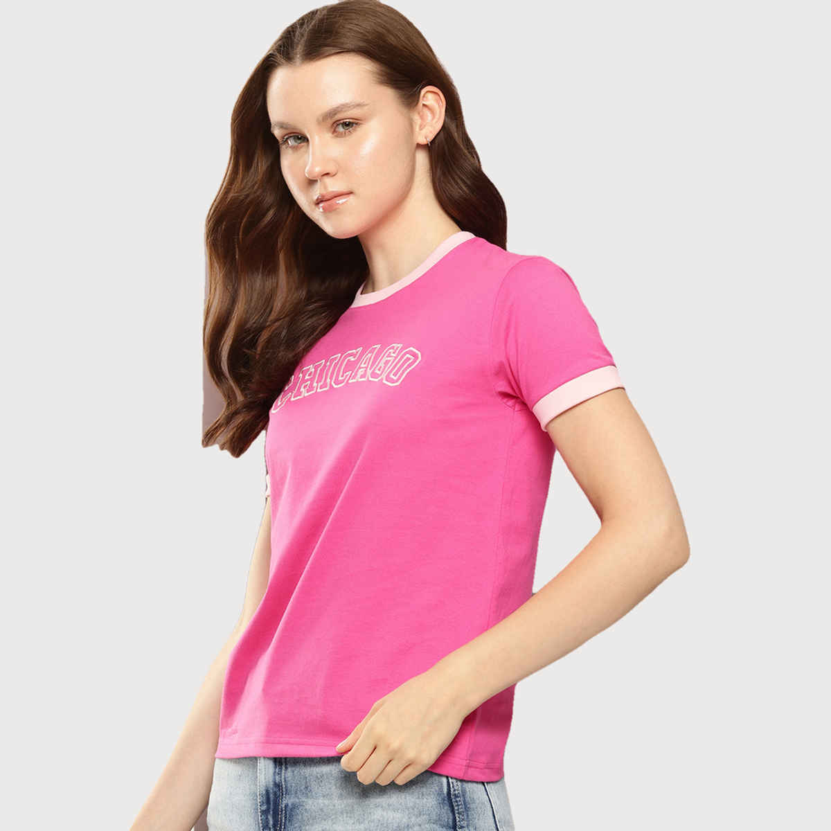 Dillinger Women's Regular Fit Raglan Sleeve Embroidery T-shirt | Fuchsia - S