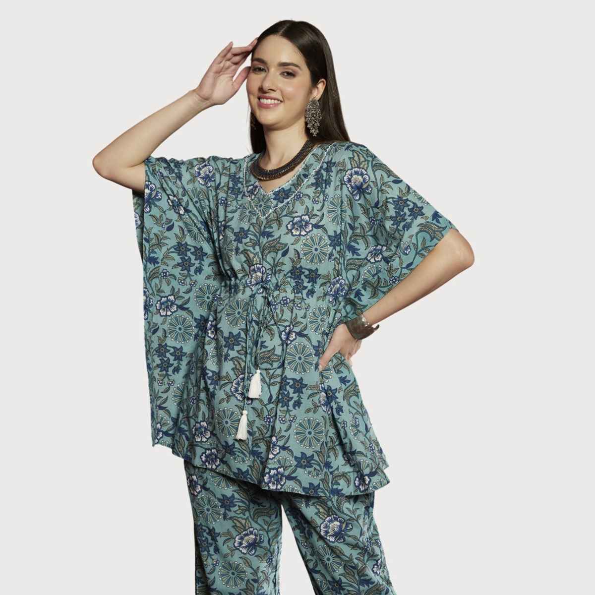 Bandia Women's Stripe Printed Kaftan Trouser Co-Ord Set | BANCS0117 | Blue and White | S