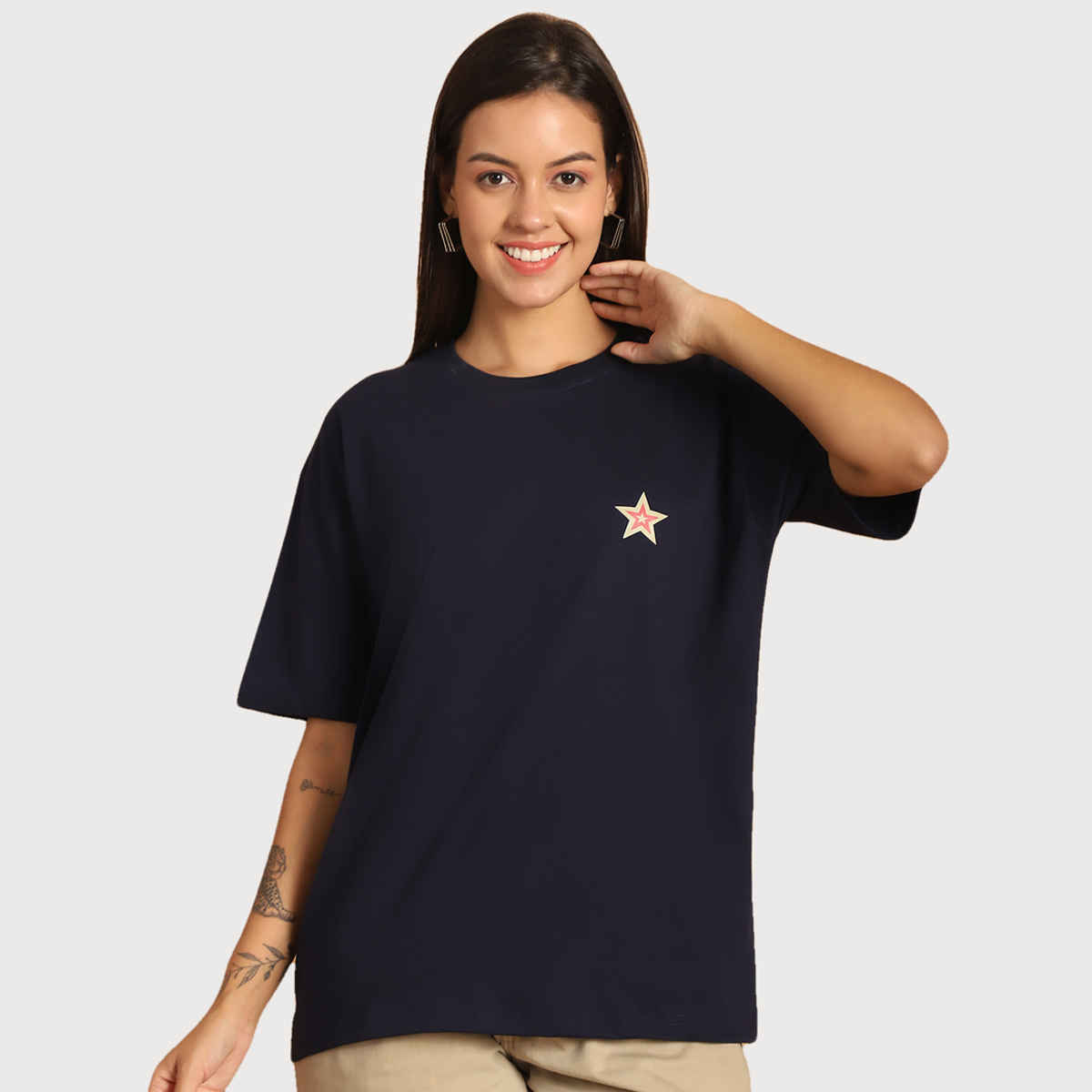 Fabflee Women Oversize Cotton Printed Round Neck Tshirt | Dark Blue | FAB-OS-506 | XL