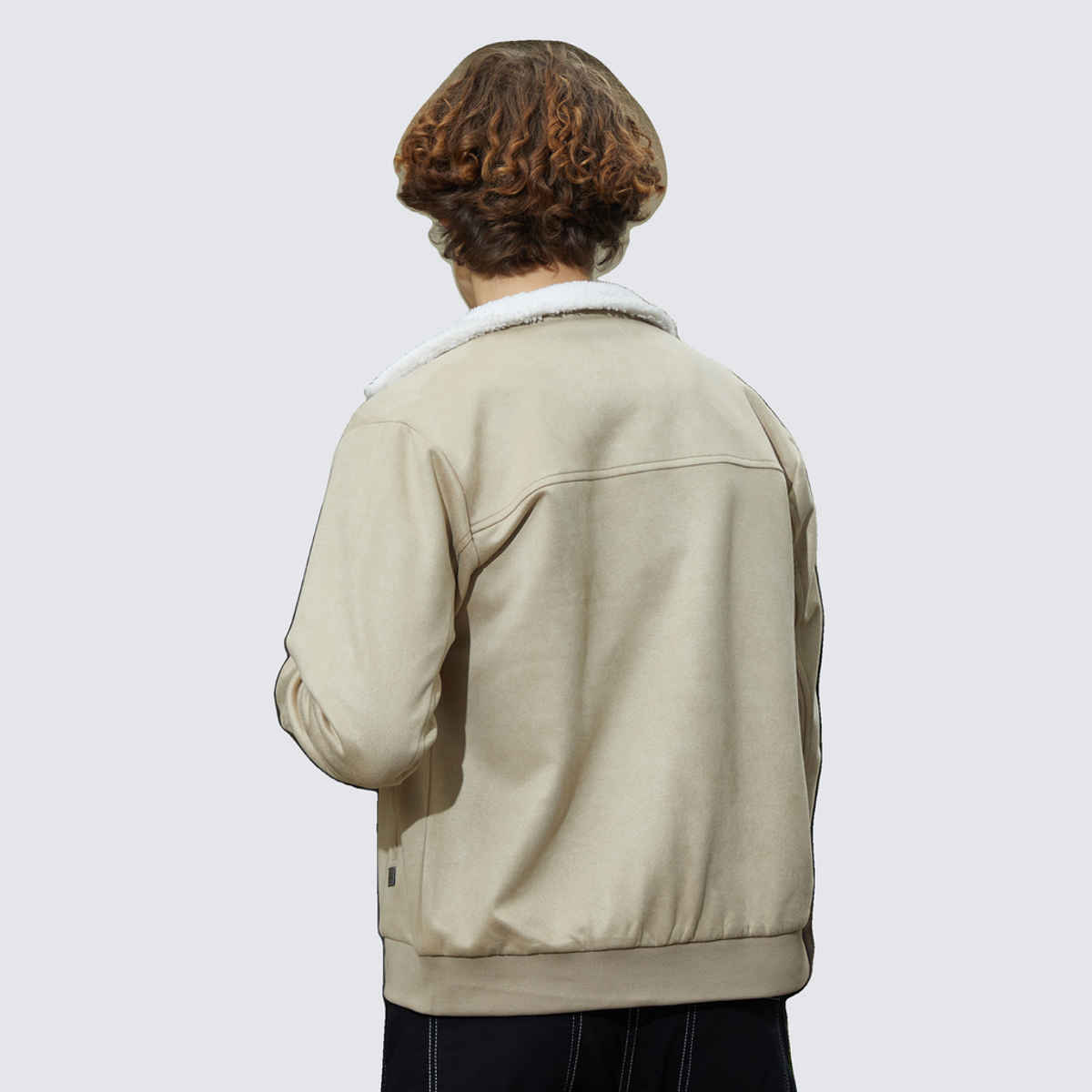 Campus Sutra Men's Fleece-Lined Bomber Jacket | Saltbox Beige & Chalk White - S
