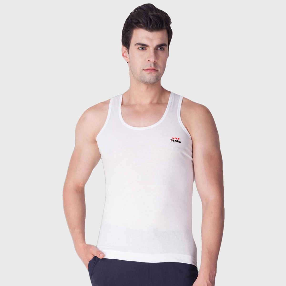 Lux Venus Super Combed Cotton Ribbed Round Neck Sleeveless Vest for Men, White, 100 - Pack Of 3
