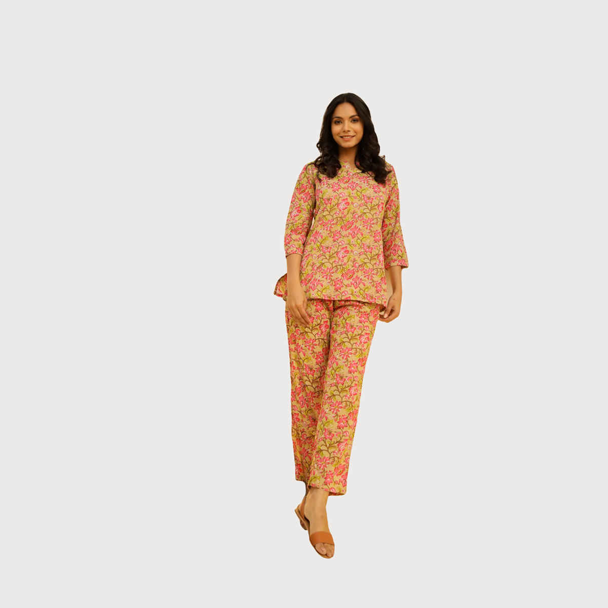 Sanskrutihomes Women Printed Pure Cotton Night Suit | Yellow - Pink | M