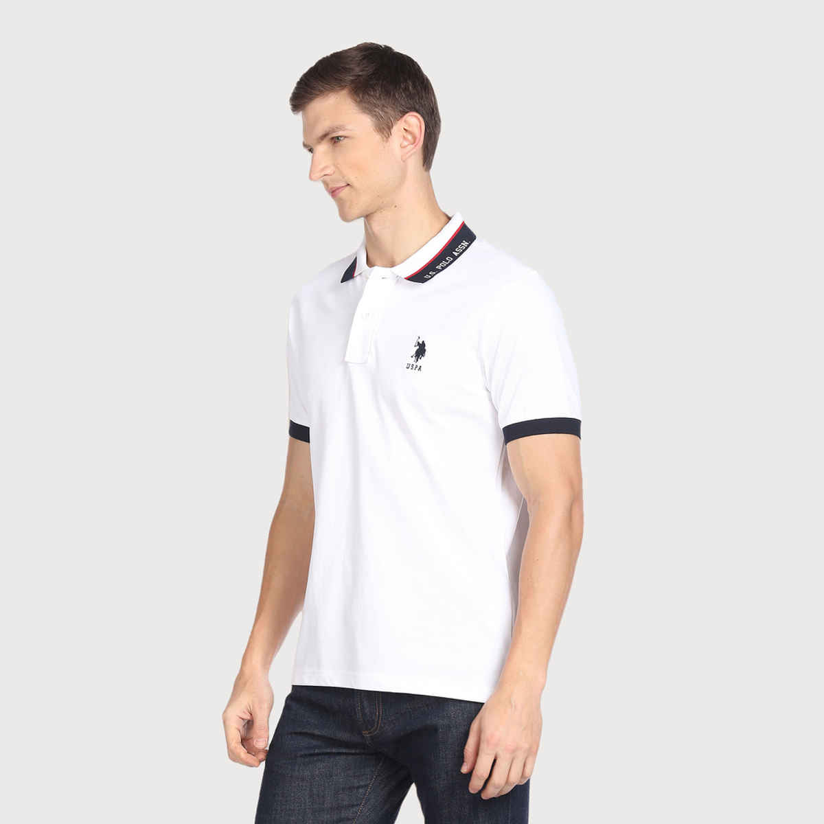 USPA Men's Printed Collar Cotton Polo T Shirt - Regular Fit - White - M