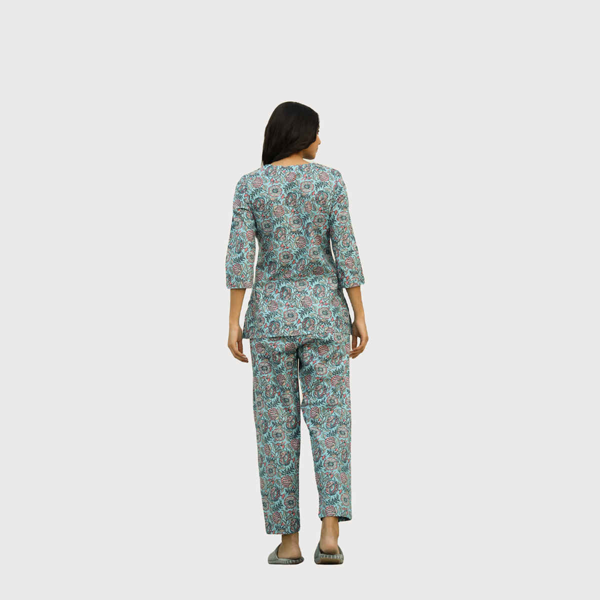 Sanskrutihomes Women's Printed Pure Cotton Night Suit | Turquoise Blue - XL