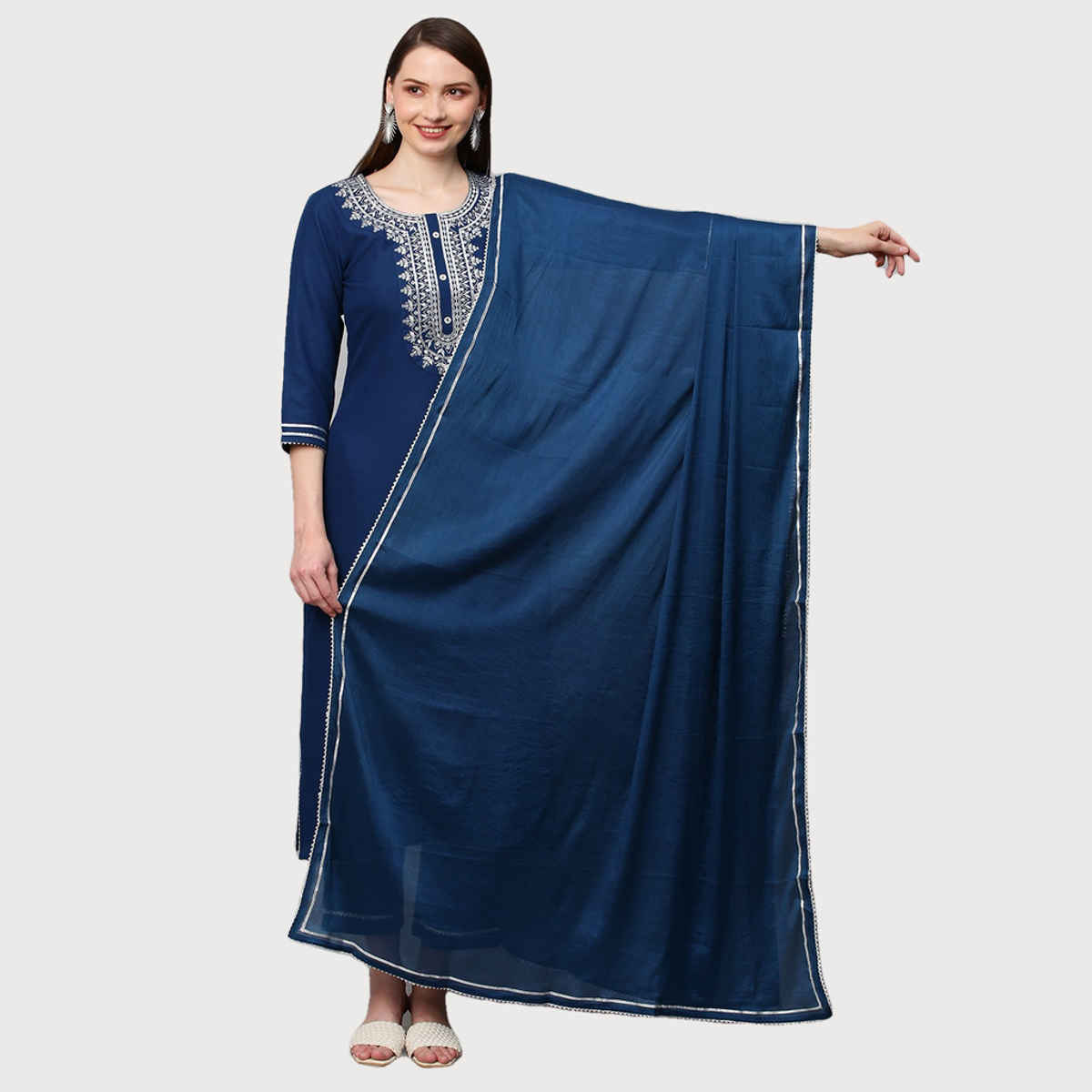 GoSriKi Women's Viscose Rayon Straight Embroidered Kurta with Pant & Dupatta | Blue - S