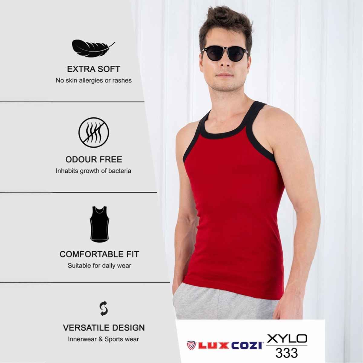 Lux Cozi Men's Gym Vest High Moisture Absorbency | Red Grey Black | L | Pack Of 3