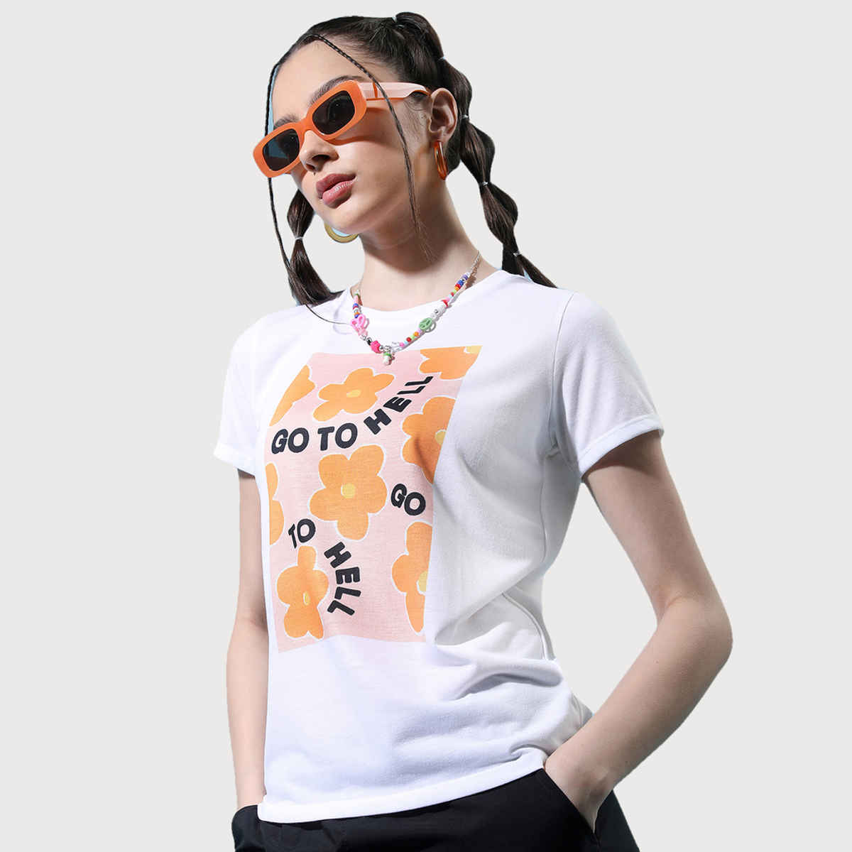 Tokyo Talkies Women's Floral Printed Round Neck T-Shirt | White - S