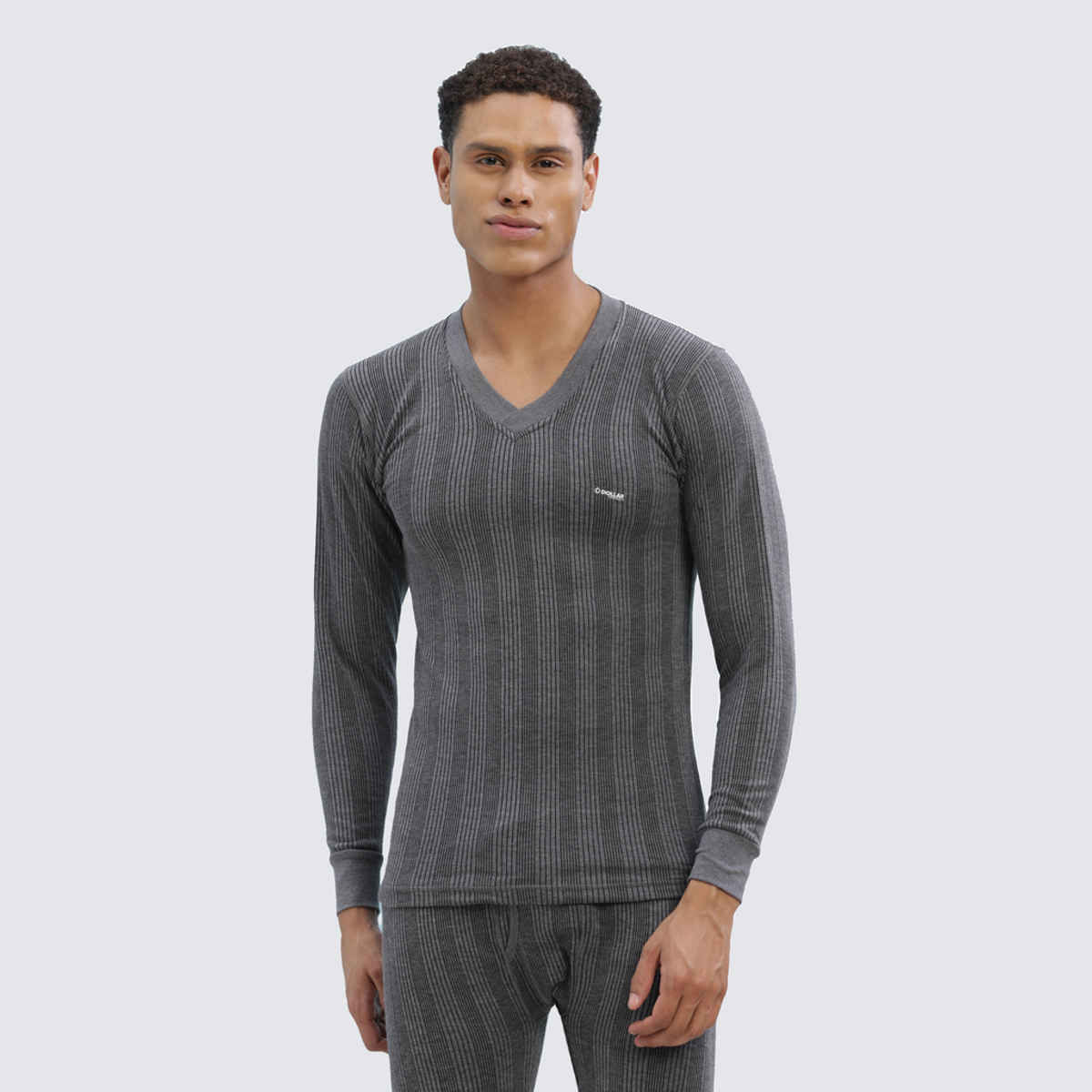 Dollar Ultra Men's Combed Cotton Thermal V-Neck Full Sleeve Top | Charcoal Melange-S