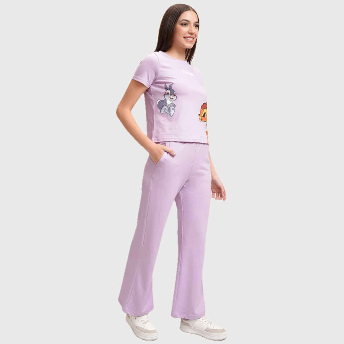 Tokyo Talkies Women's Disney Bambi Printed T-shirt with Trouser Sleepwear Set | Lavender - S