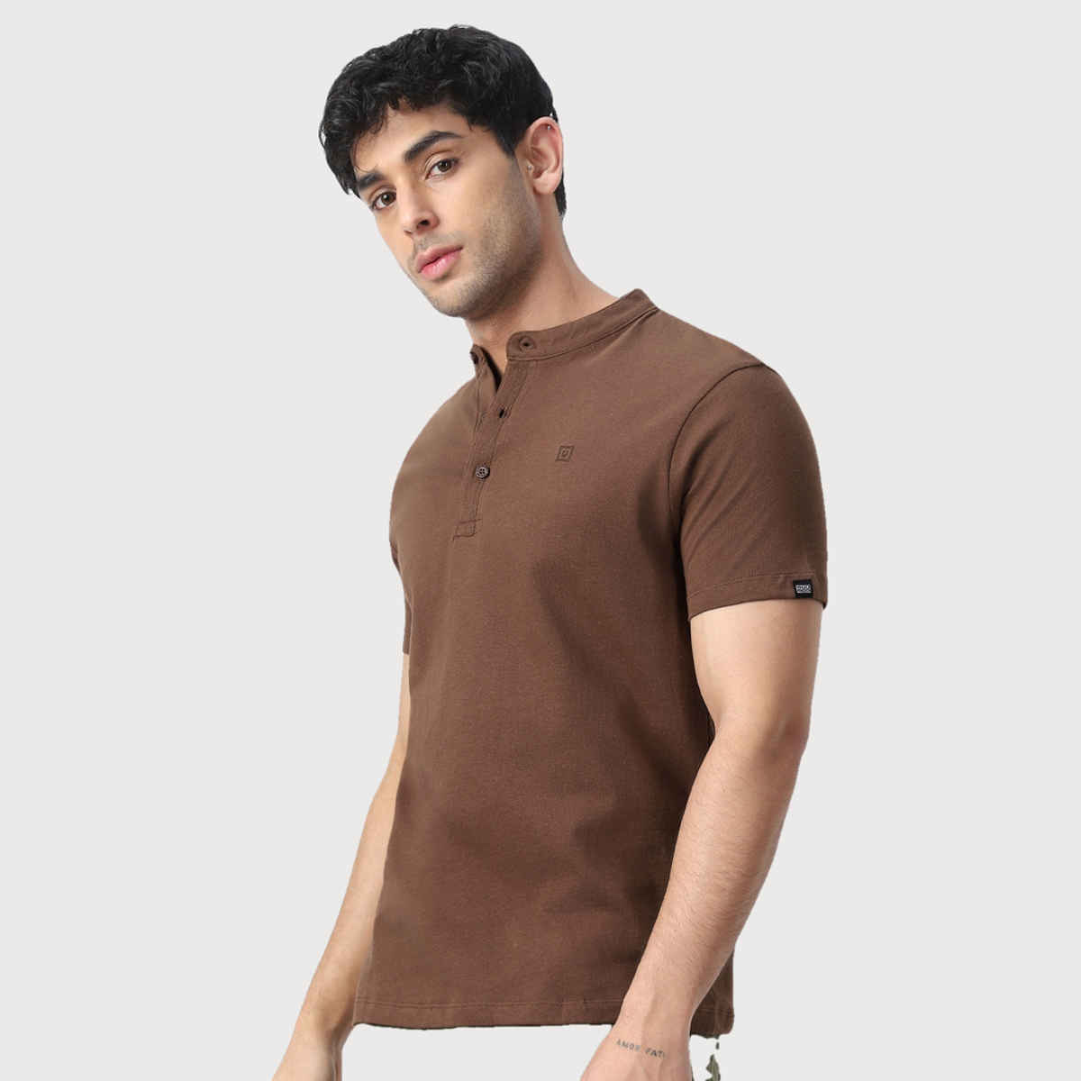 Urbano Fashion Men's Slim Fit Solid Mandarin Collar Half Sleeve Cotton T-Shirt | Cocoa Brown - L