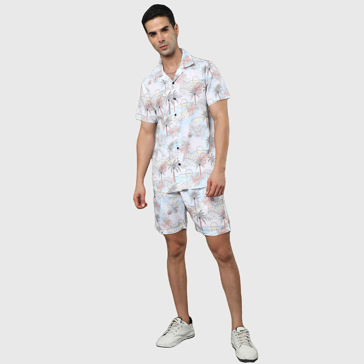 Bushirt Men's Palm Tree Co-ord Set | White - S