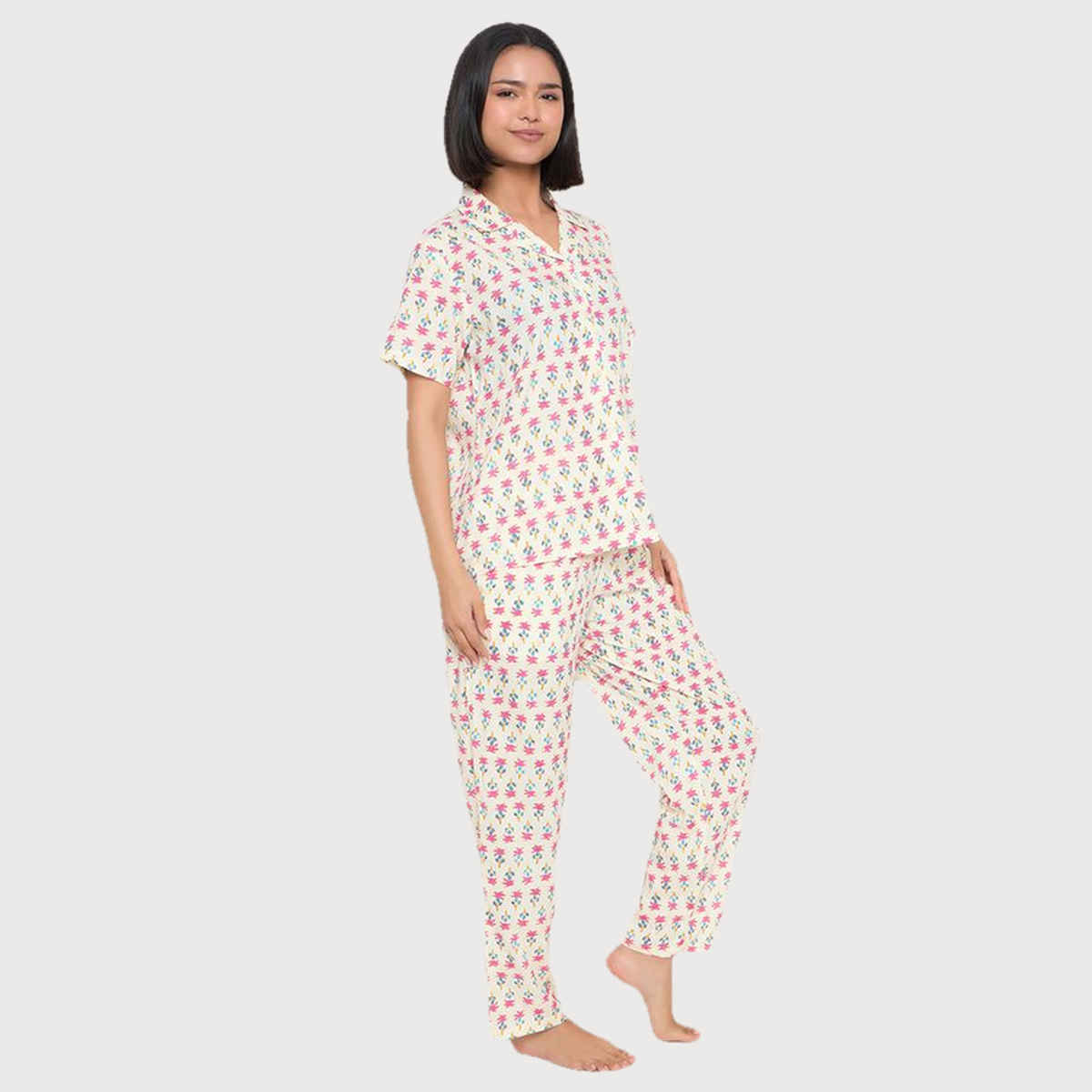 Clovia Women's Printed Button Down Shirt Rayon Top & Pyjama Set | LS0636F18 | White - XL