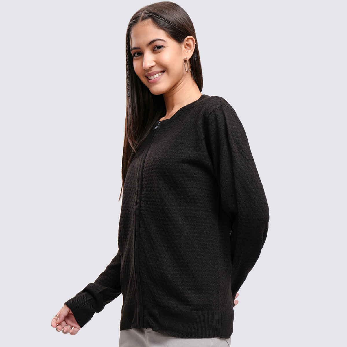 Tokyo Talkies Women's Self Design Cardigan Sweater | Jet Black - S