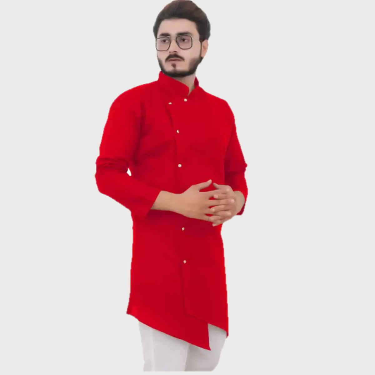 Tibra Collection Men Asymmetric Kurta - Red | Cotton Blend | XXL
