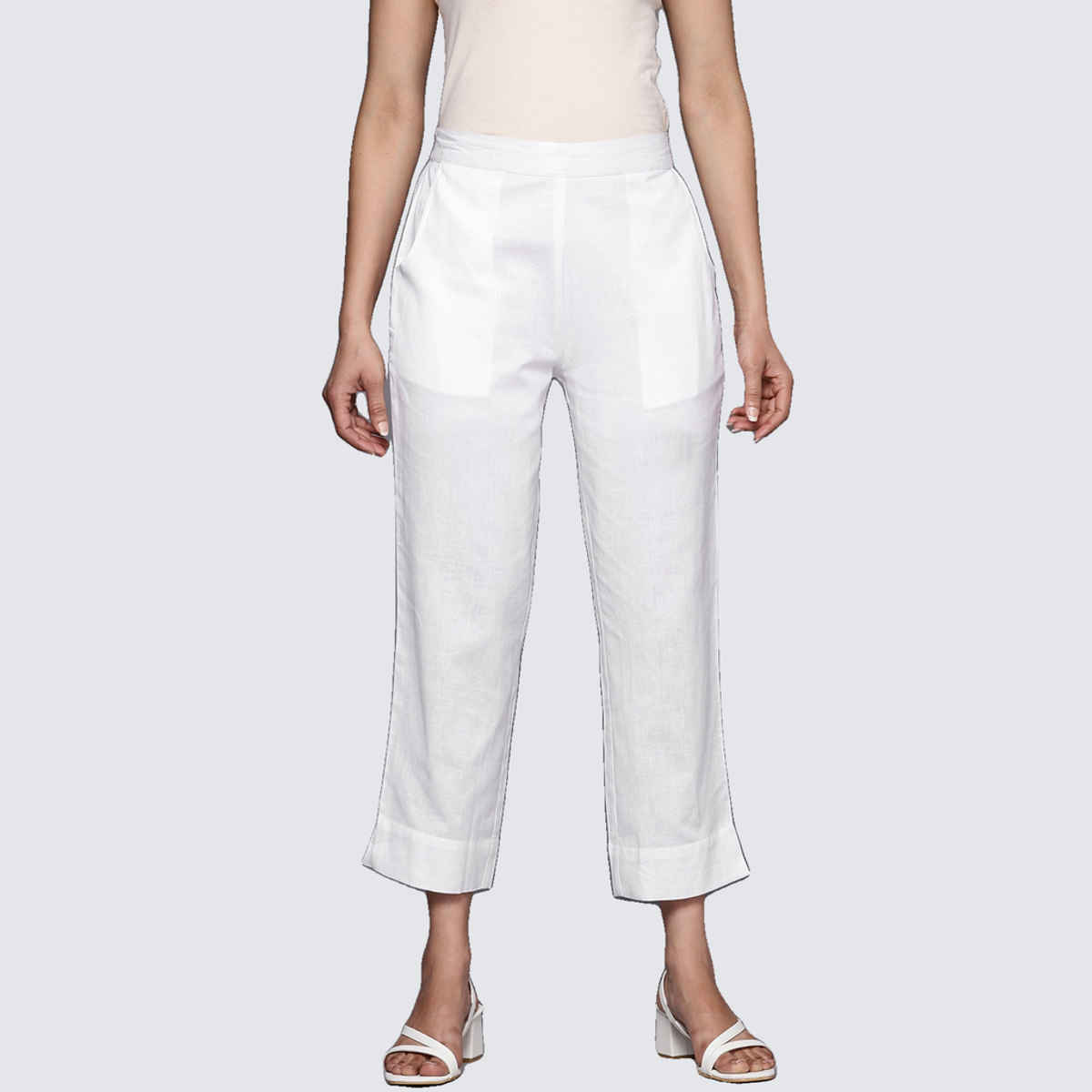 Libas Women White Cotton Side Slit Solid Trousers With Both Side Pockets - Pl1401L