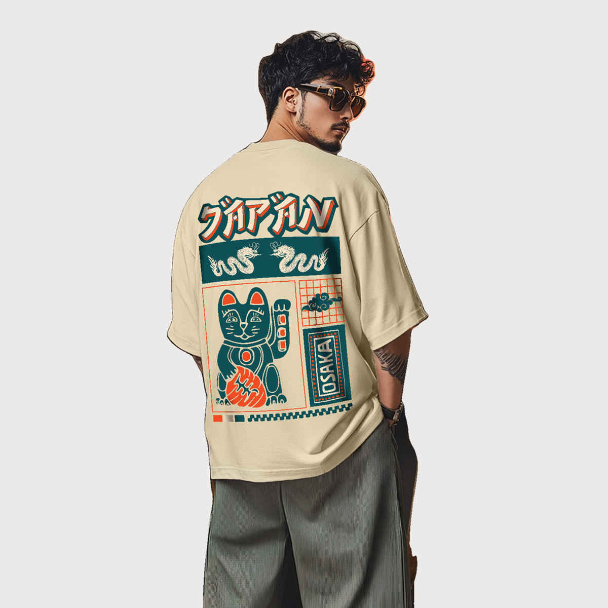 VEIRDO Men's Printed Oversized T-shirt | OS 100 JAPNOSAKA SW | Swan White - S