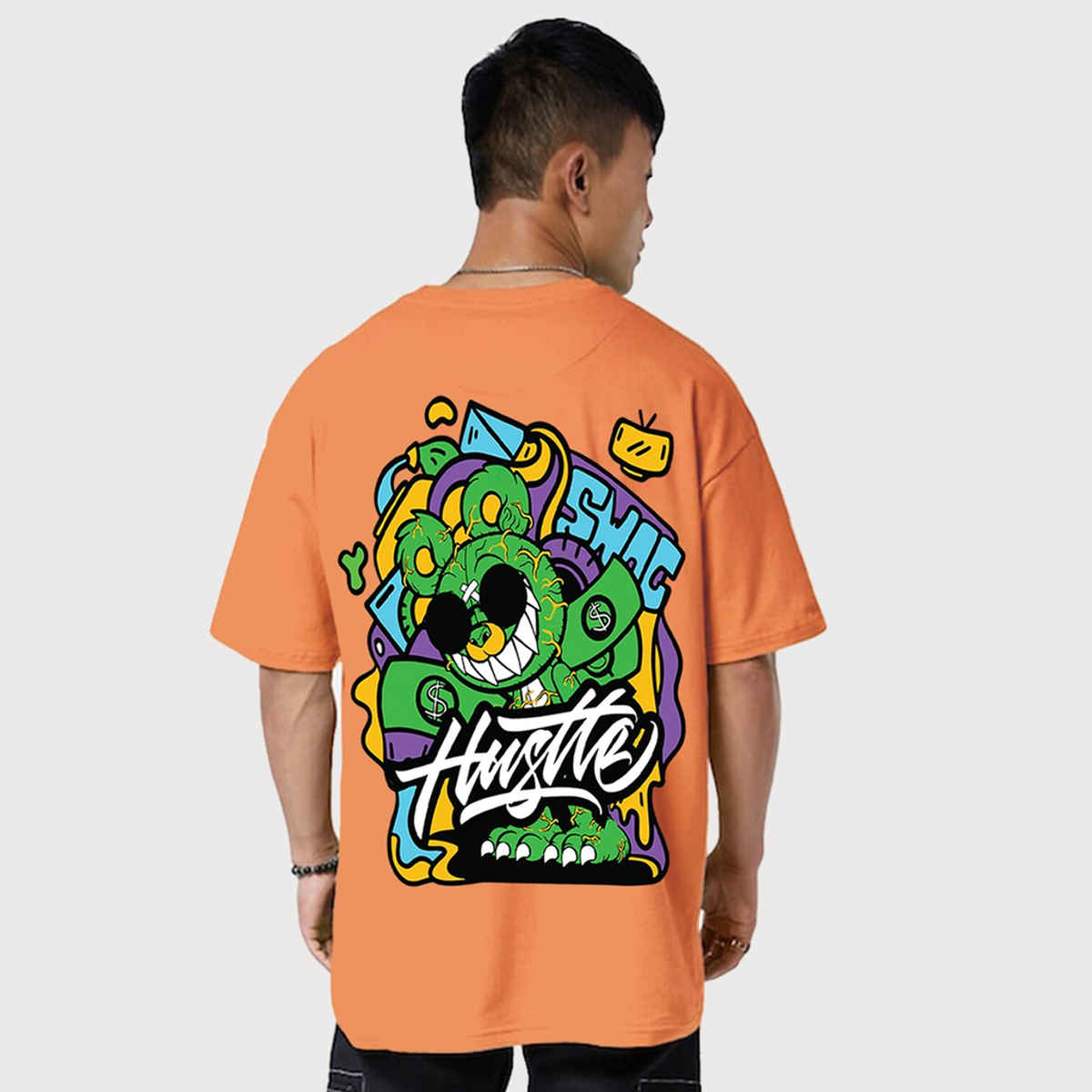 Veirdo Pure Cotton Oversized Fit Round Neck Orange Printed T-Shirt For Men - S