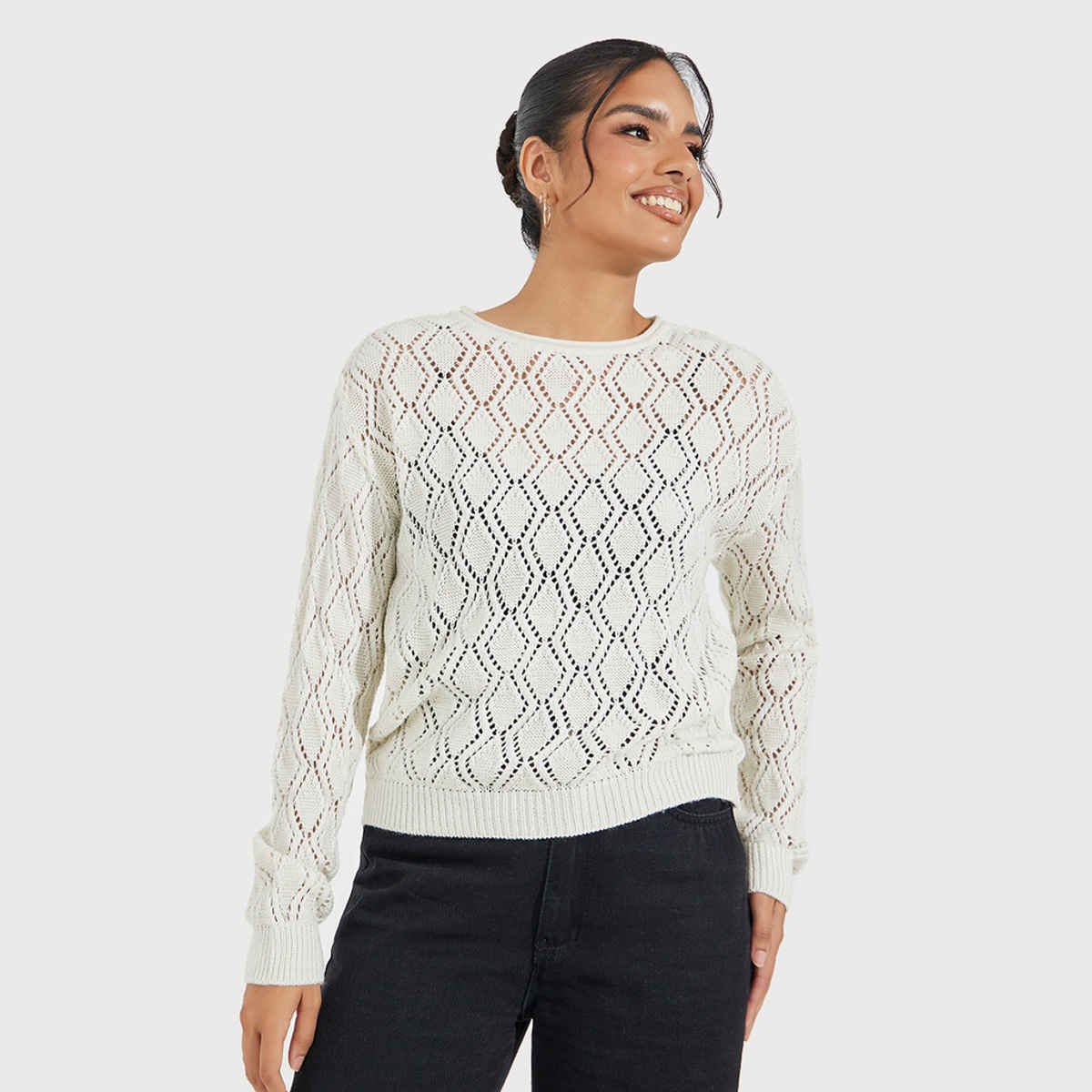 Styli Women's Regular Length Regular Fit Textured Pattern Sweater | Off White - XL
