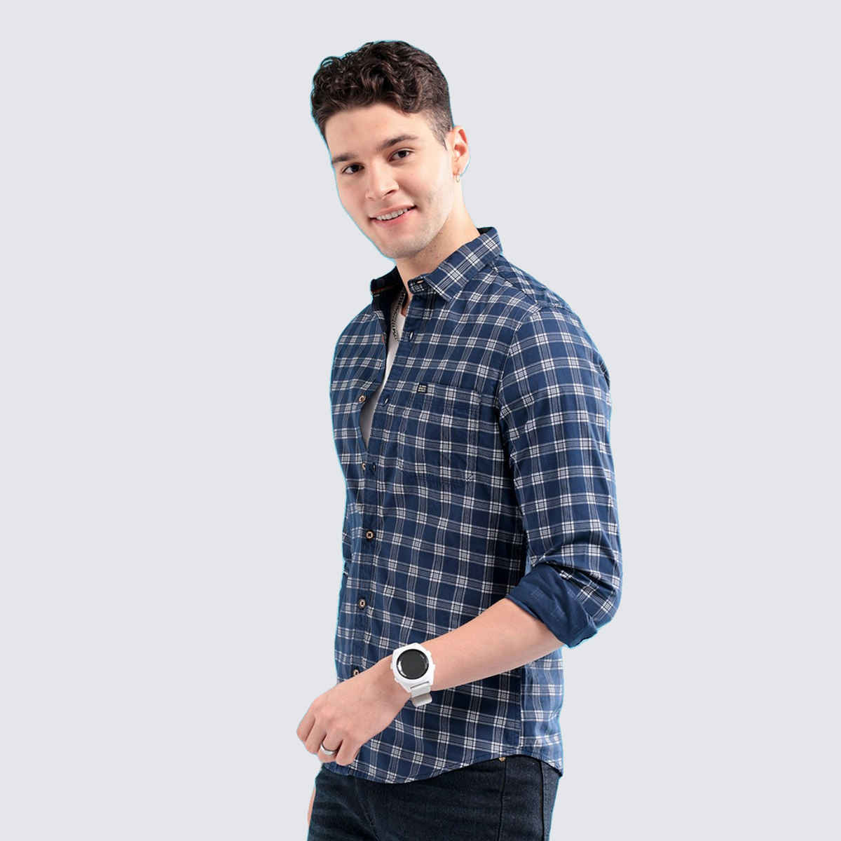 The Indian Garage Co Men's Slim Fit Checked Casual | Navy Blue | M