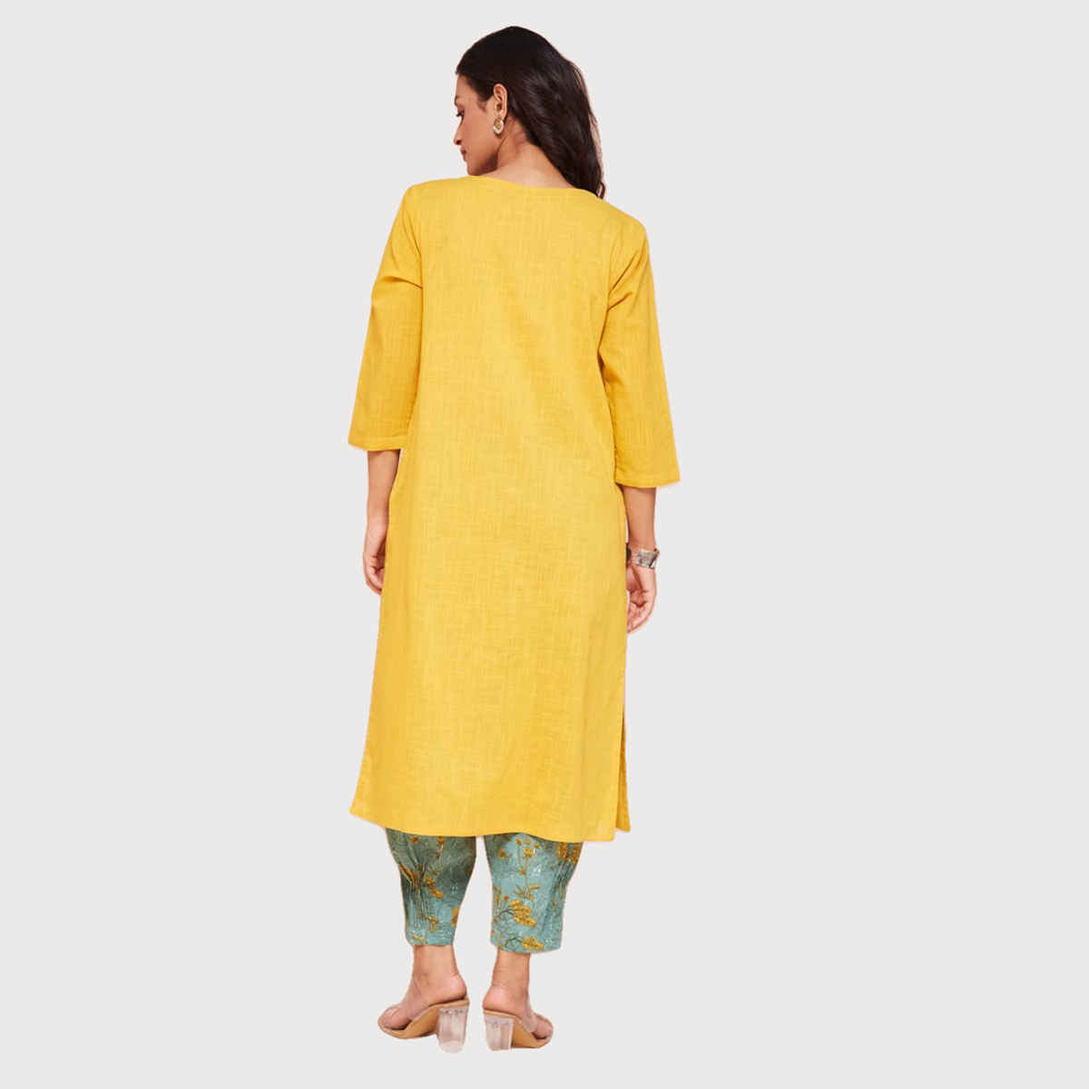 Fabindia Women's Kurta & Salwar Set Cotton Regular Fit | Yellow - M