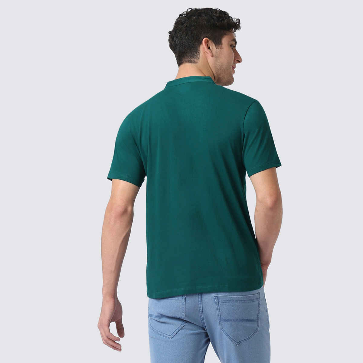 Urbano Fashion Men's Slim Fit Solid Mandarin Collar Cotton T-Shirt | Dark Green - L