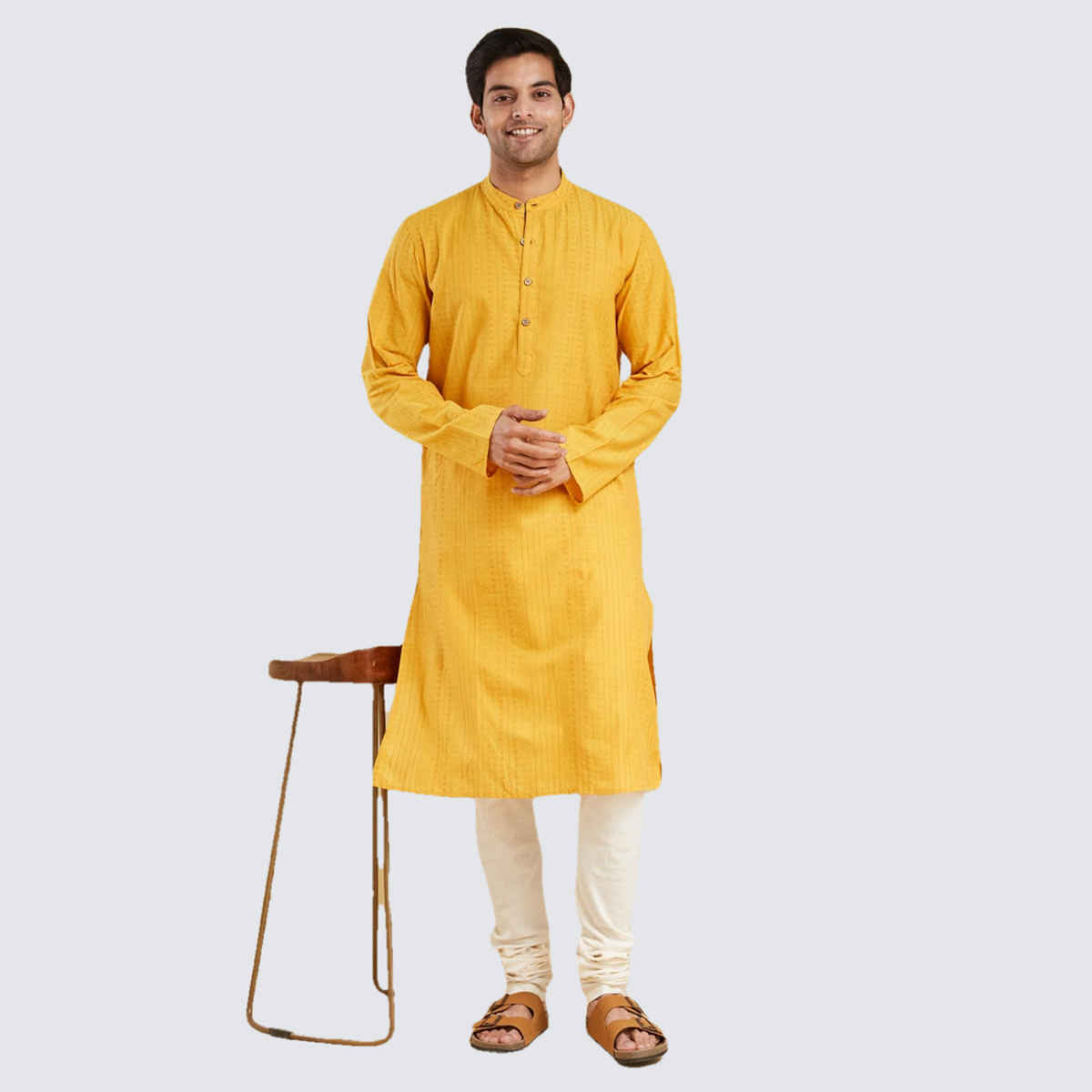 Fabindia Men's Cotton Slim Fit Long Kurta | Yellow - S
