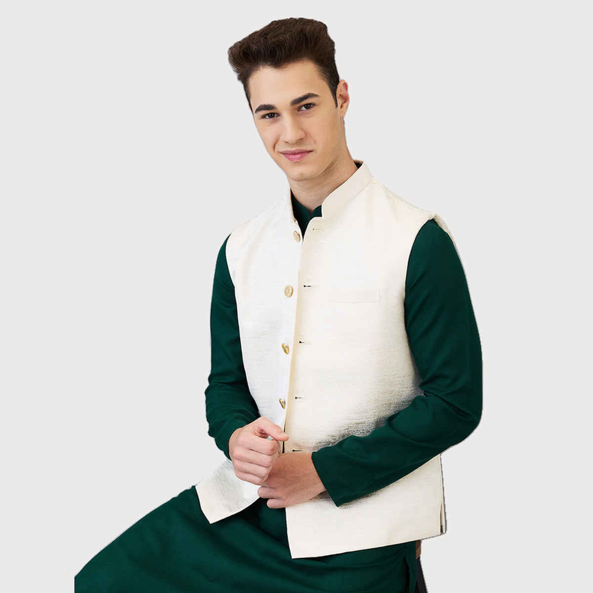 Ethnix by Raymond Men's Regular Fit Pure Polyester Structure Pattern Stand Collar Bundi | White - L