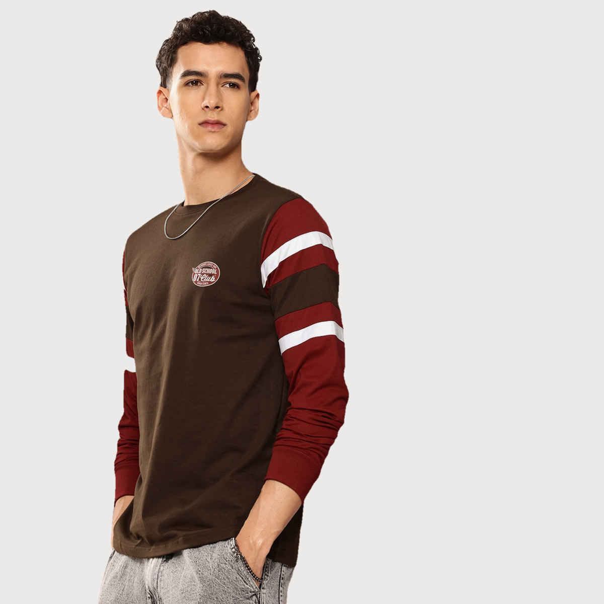 Dillinger Men's T-shirt Long Sleeve Colourblocked Striped Typography | Brown - S