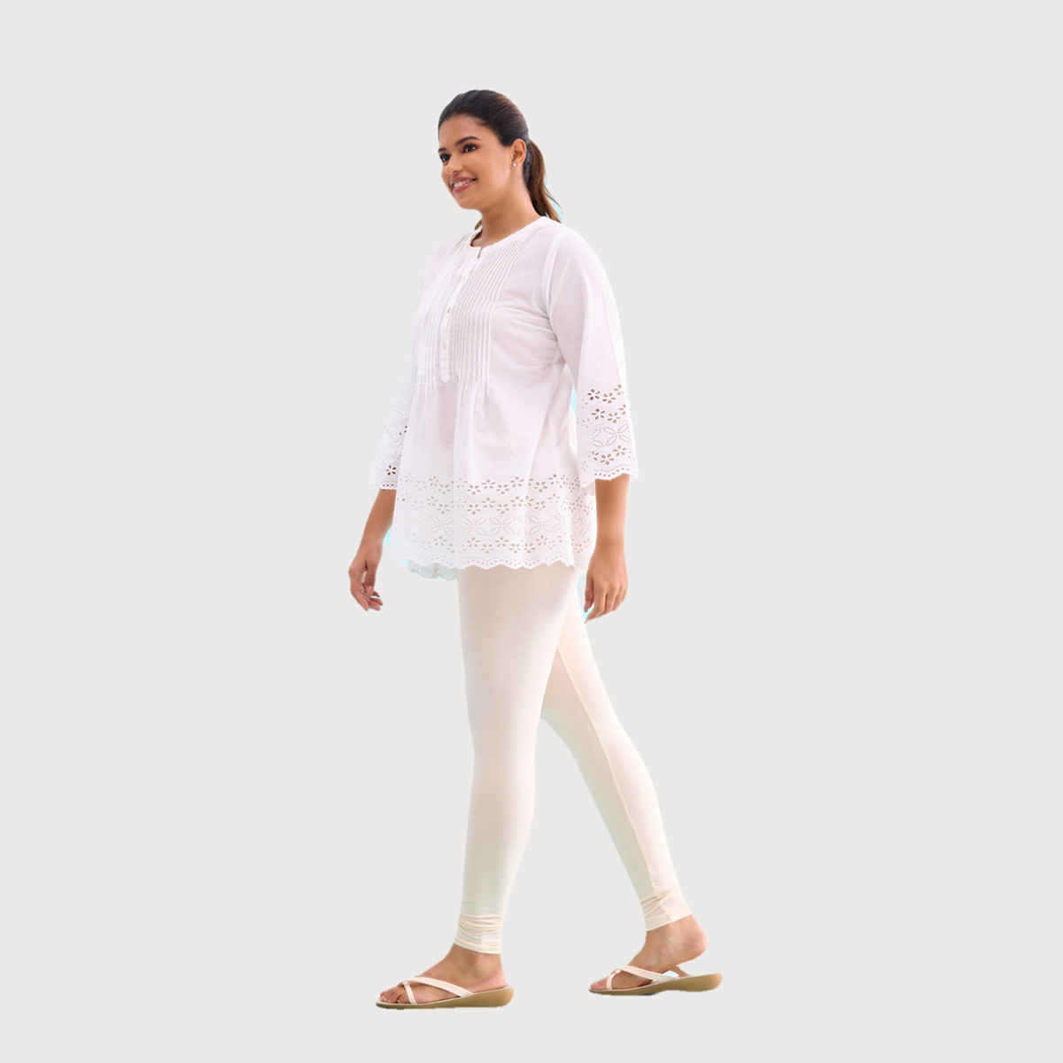 Go Colors Women's Solid Mid Rise Ankle Length Leggings | Ecru - XL