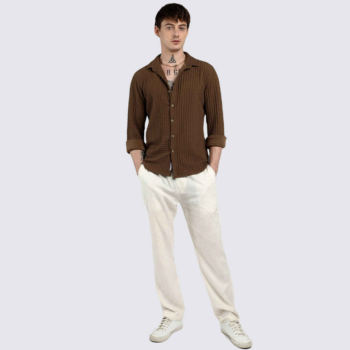 Campus Sutra Men's Cube-Textured Shirt | Brown - L
