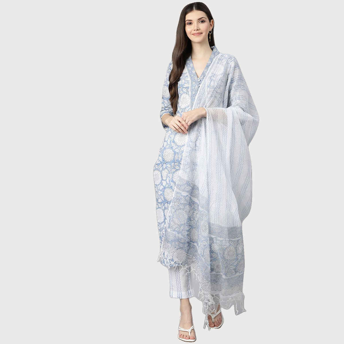 Divena Women s Sky blue Hand Block Printed Straight kurta Pant Set with Dupatta | DK0755 | L