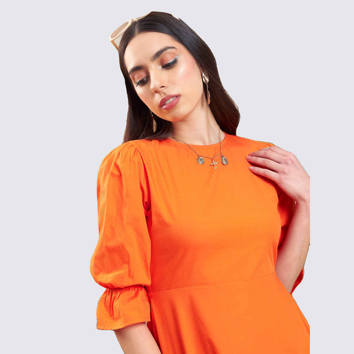 SASSAFRAS Women's Poplin Back Waist Cut-Out Short Dress | Orange - L