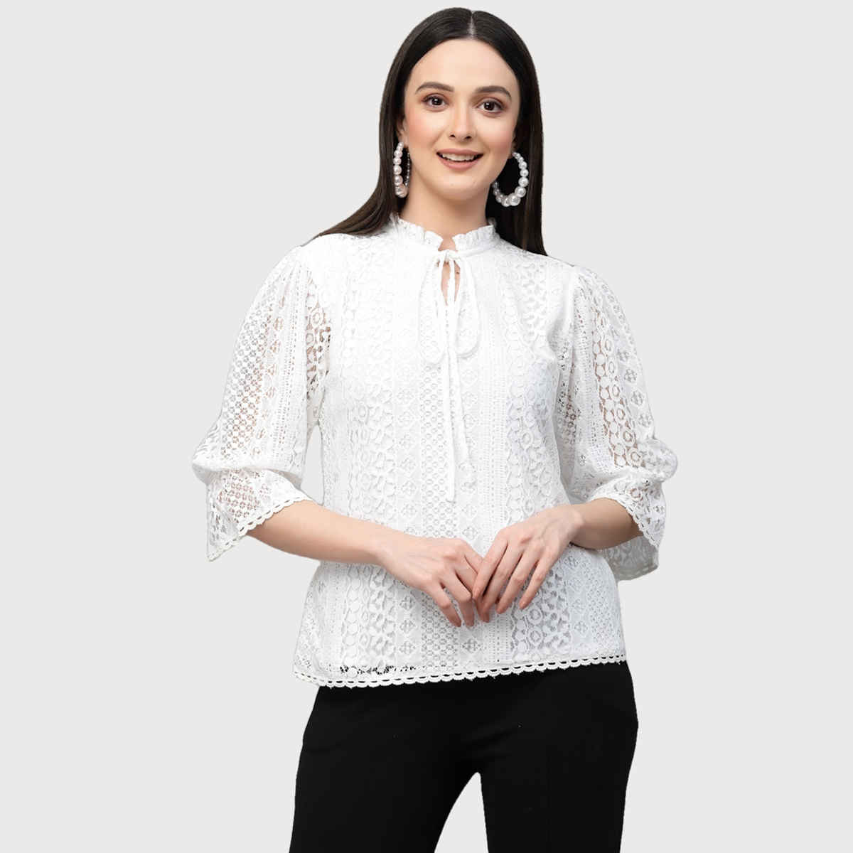 Style Quotient Women White Self Design Lace Regular Smart Casual Top | L | SS23SQSIKKIM - White